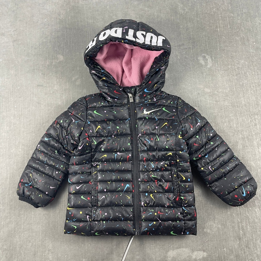 Nike Kids 18M Black Multi-Color Swoosh Puffer Jacket Hooded Fleece Lined Coat